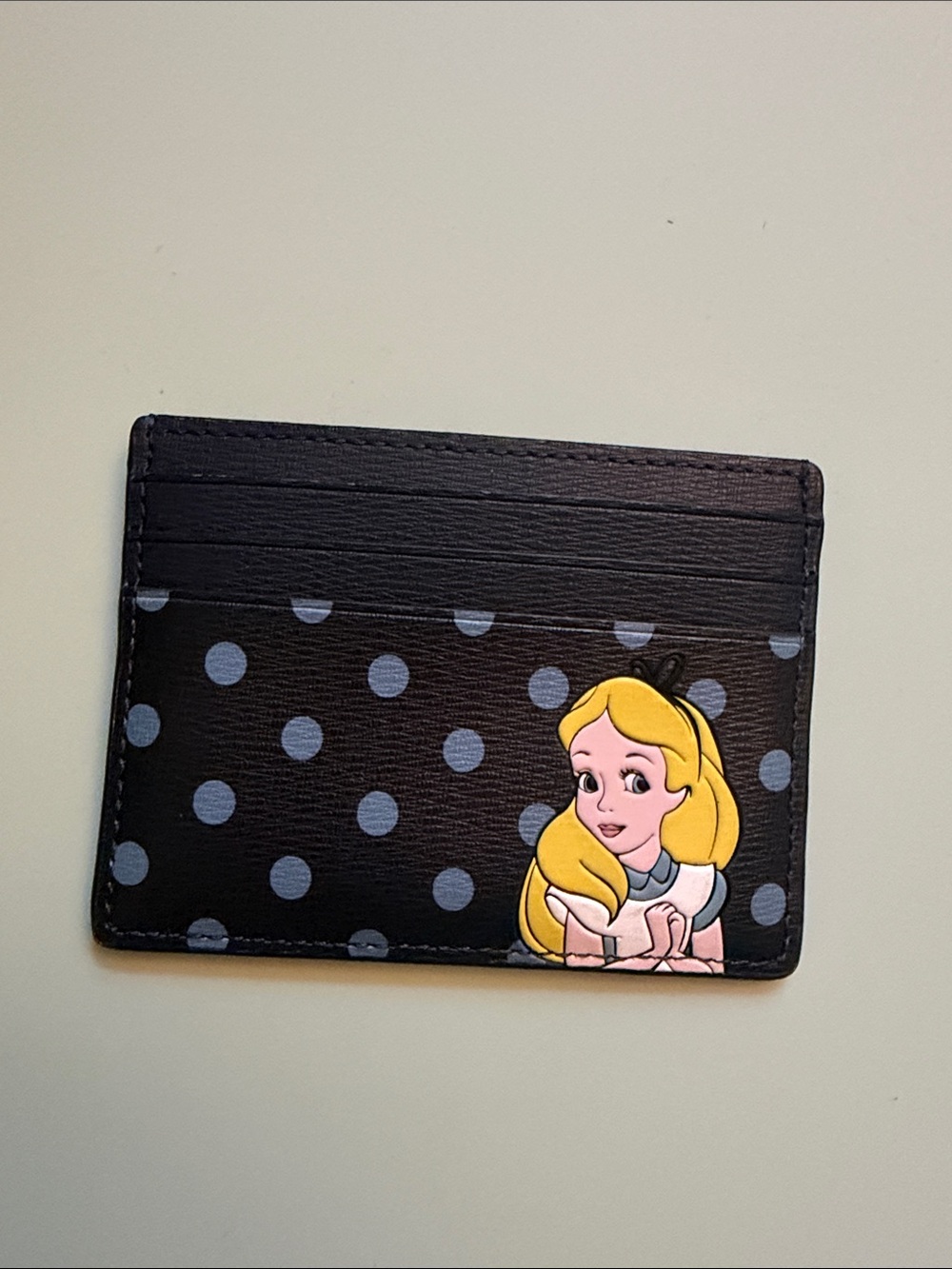 Kate Spade Polka Dot Card Holder with Alice Illustration - Black & Light Blue